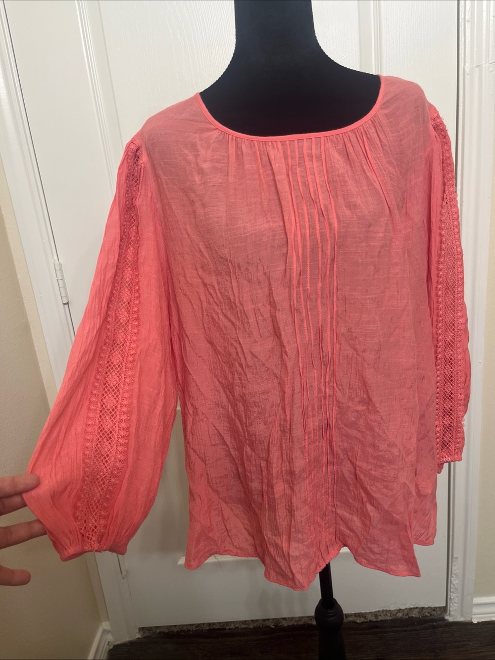 Zac & Rachel Sz 2X Lace Trim 3/4 Sleeves Coral Blouse Round Neck Linen